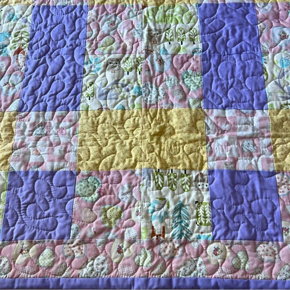 New Handmade Baby Quilt 32”x46” – Cotton Patchwork, Lilac Border
